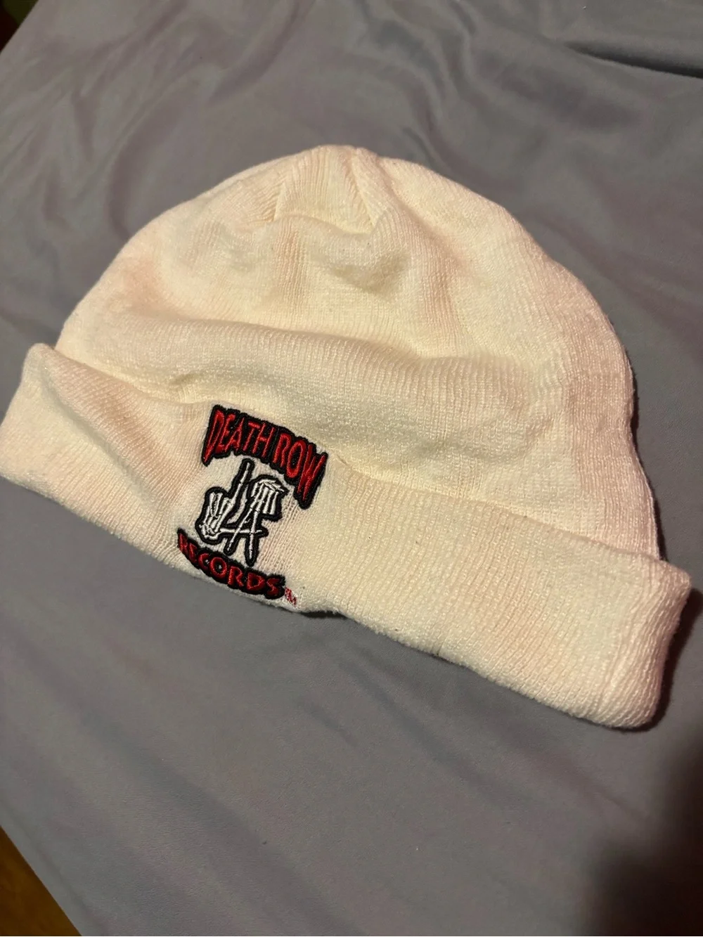 Cream Knit Beanie with Red & Black Logo